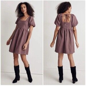 Madewell Floral Quilted Puff-Sleeve Mini Flirty Dress Tie Back Pockets Purple L